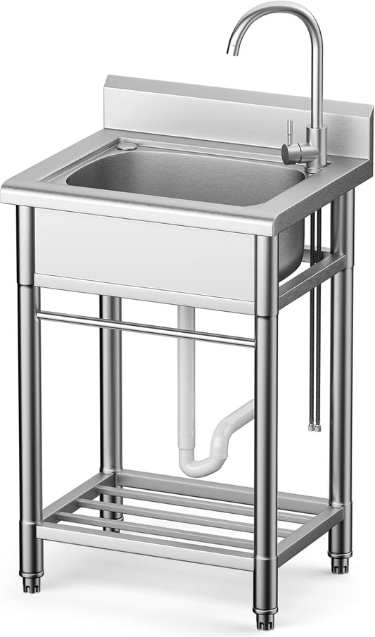 Utility Sink Free Standing Single Bowl Kitchen Sink with Cold and Hot Water Pipe Stainless Steel Sink for Garage Shop Laundry Room Basement Garden Farmhouse Mens Gifts Ourdoor Indoor fregadero