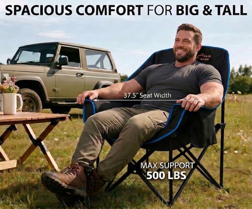 FAIR WIND 2 Pack Oversized Padded Camping Chair Heavy Duty Quad Fold Arm Chair Portable for Outdoor - Support 500LBS, Blue