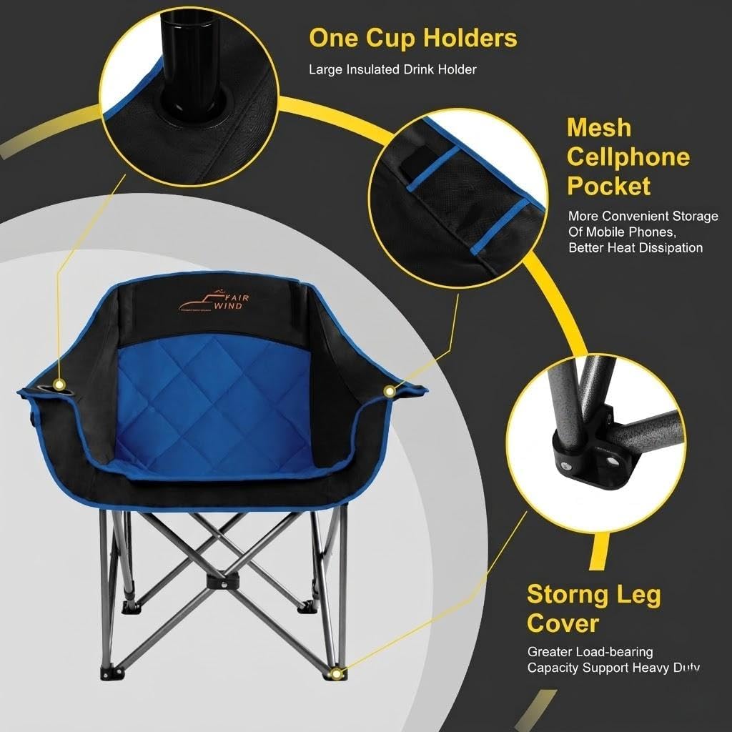 FAIR WIND 2 Pack Oversized Padded Camping Chair Heavy Duty Quad Fold Arm Chair Portable for Outdoor - Support 500LBS, Blue