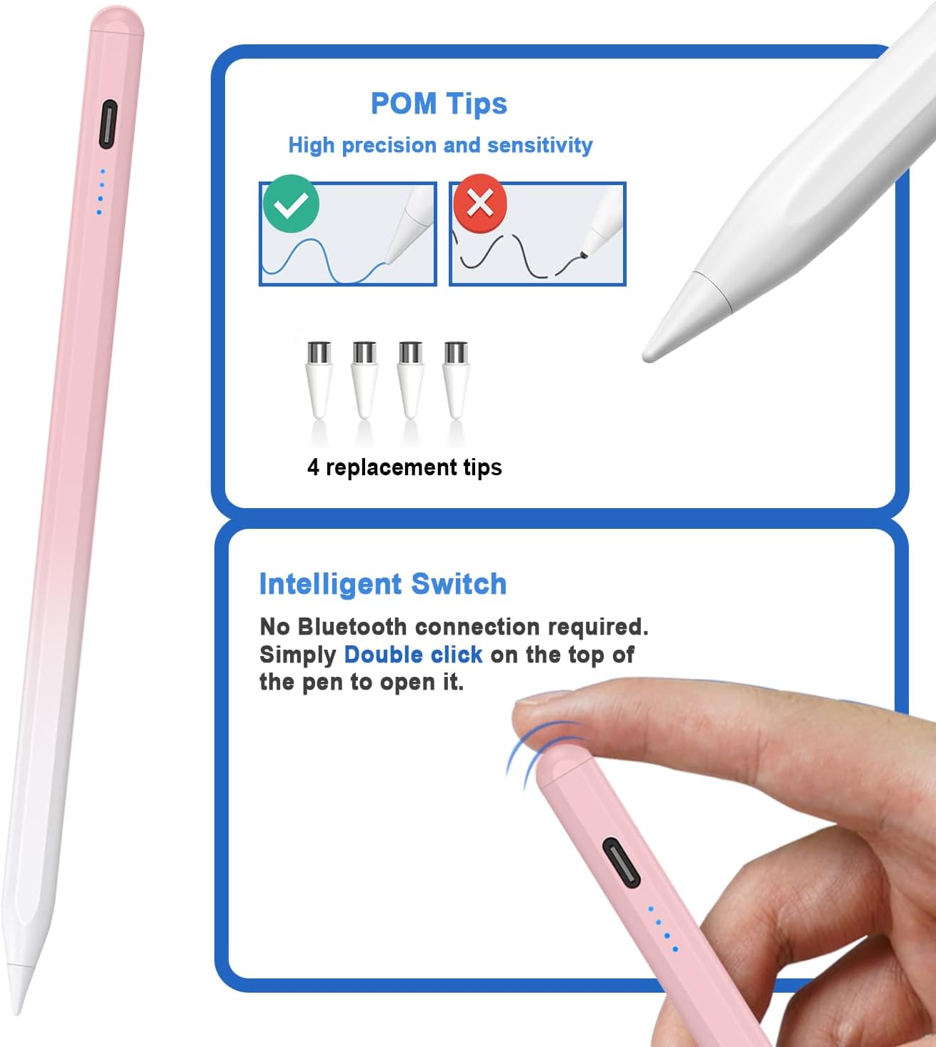 Stylus Pens for Touch Screens Power-Display Tablet Pen POM Tip Magnetic Digital Touch Pen Compatible with iPhone/iPad/Lenovo/and Other iOS/Android Smartphone and Tablet Devices (Gradient Pink)