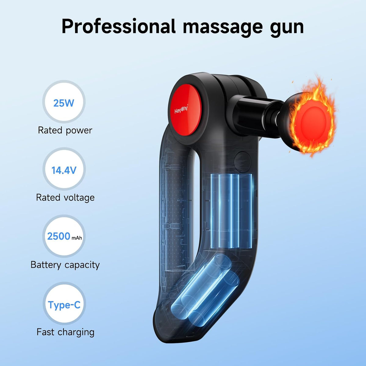 HEYCHY Deep Tissue Massage Gun with Heat, 12mm, 8 Heads, Black