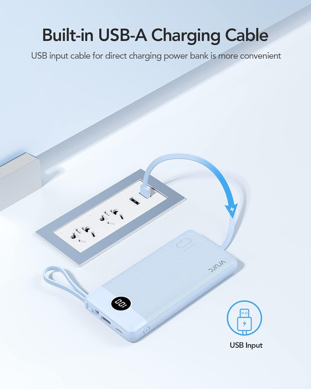 VRURC Portable Charger for iPhone, Built in Cables & Lanyard Power Bank 10000mAh, Compact USB C Charging Bank 5 Outputs for Multi Devices,Travel Essential for Hiking Camping Business Cruise Ship-Blue