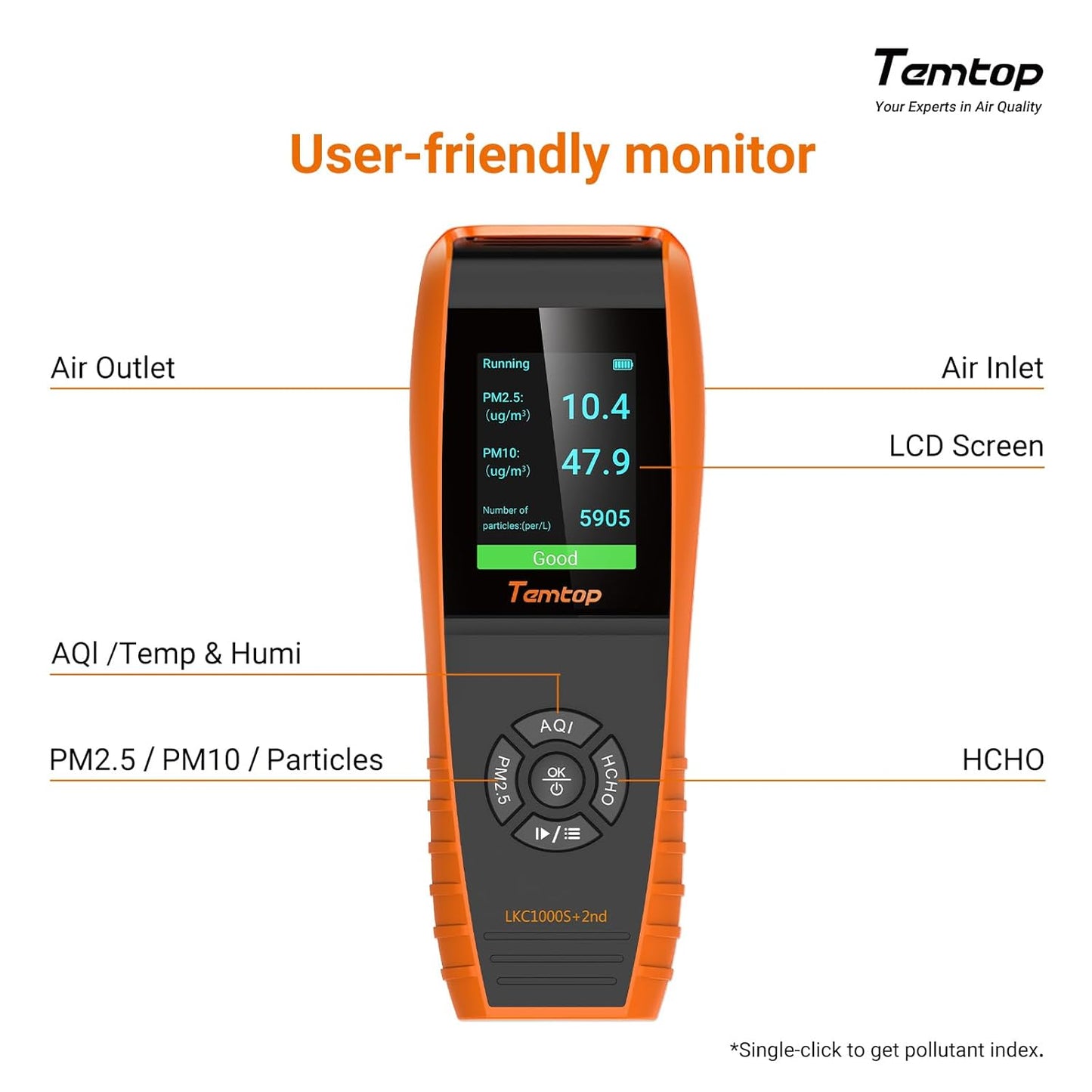 Temtop Air Quality Monitor PM2.5 PM10 Particle Counter, Formaldehyde, Temperature, Humidity, TVOC AQI Tester for Indoor/Outdoor Air Pollution Detection w/Data Export