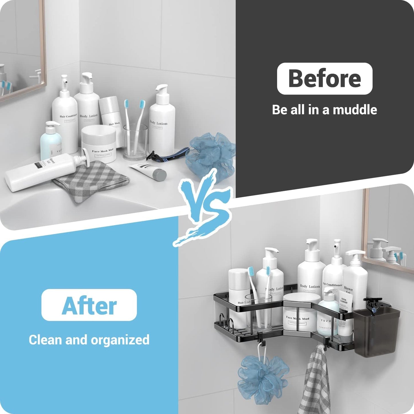 AKTECKE Corner Shower Caddy, 2 Pack Adhesive Shower Corner Organizer Shelves, No Drilling Stainless Steel Shower Storage Rack with Hooks&Toothpaste Holder for Bathroom Kitchen （for 90° Corners Only）