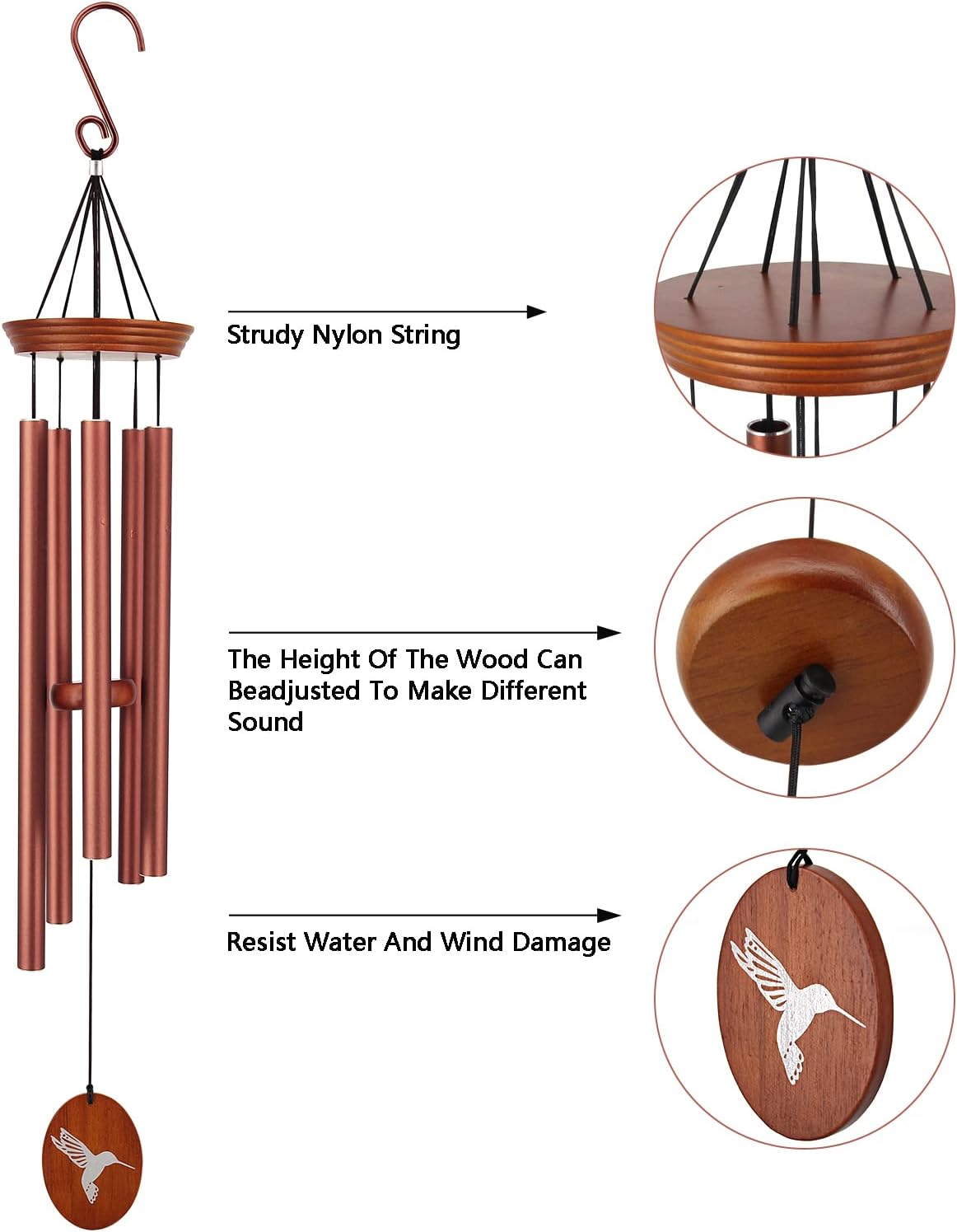 Hummingbird Wind Chimes for Outside, 33" Outdoor Wind Chimes