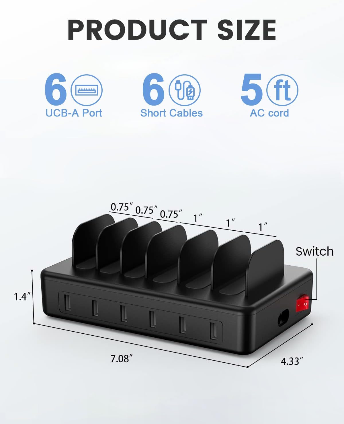 50W 6 Ports Multi Charger Station, USB Charging Dock for Multiple Devices | with 6 Cables, 1 USB-A to USB-C Adapter Converter, Compatible with Cellphone iPad Kindle Tablet and Other Electronic Devices