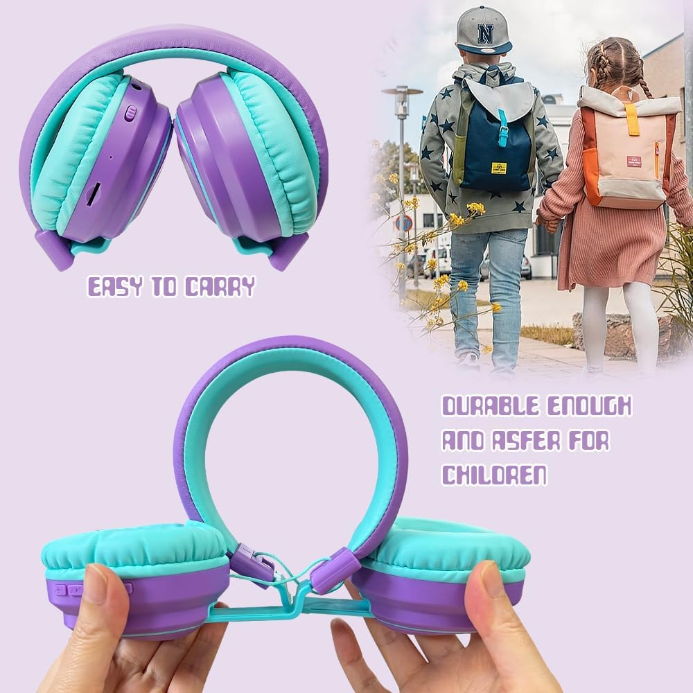 Mokata Kids Headphones Bluetooth 5.3 Wireless Lightweight Fast Charging 68 Hours Play Time Volume Limited 85/94dB Over Ear Foldable with Built-in Mic for Toddler Boy Girl Tablet Pad Purple