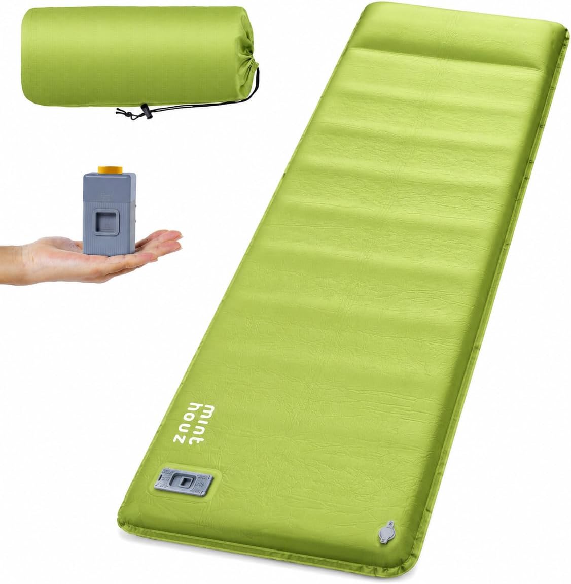 Minthouz Self Inflating Sleeping Pad, 4" Ultra-Thick Memory Foam Camping Pad with Pillow, Built-in Electric Pump Fast Inflating, 4-Season Camp Sleeping Mat for Camp/Car Travel/Tent