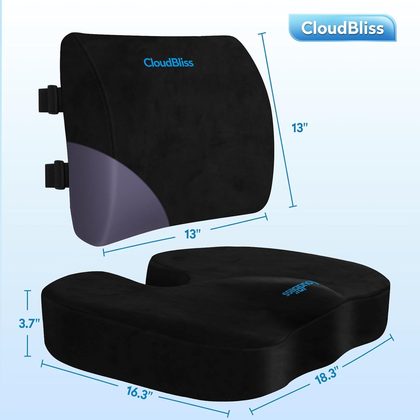 CloudBliss Lumbar Support Pillow & Seat Cushion Set for Office Chair, Desk Chair, Wheelchair & Car – Memory Foam Back Support, Ergonomic Chair Cushions, Sciatica Pain Relief, Home Essentials, Black