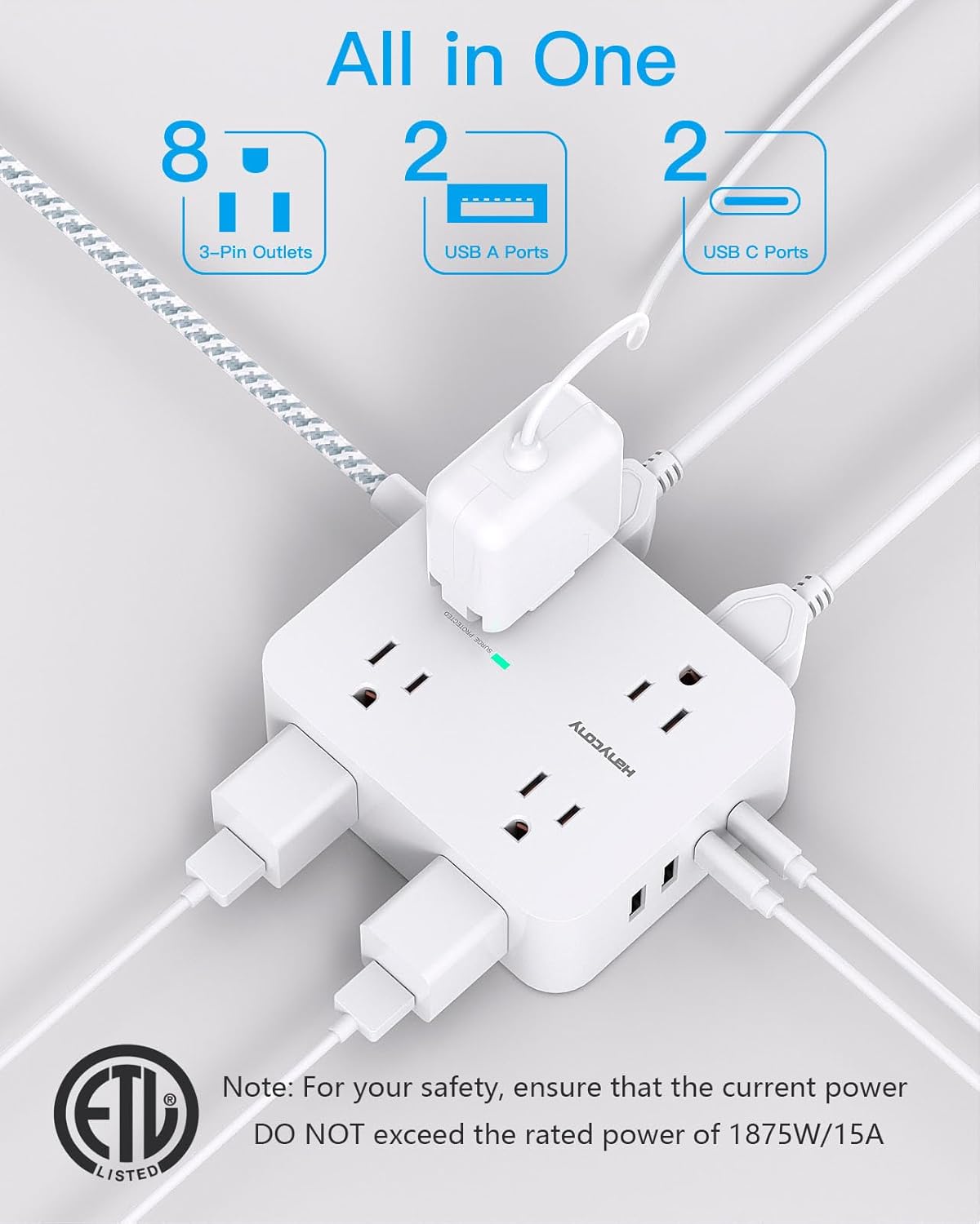 10 Ft Surge Protector Power Strip, HANYCONY Extension Cord with 8 AC Outlets 4 USB (2 USB C) Ports, Flat Plug, Wall Mount Desk USB Charging Station for Home