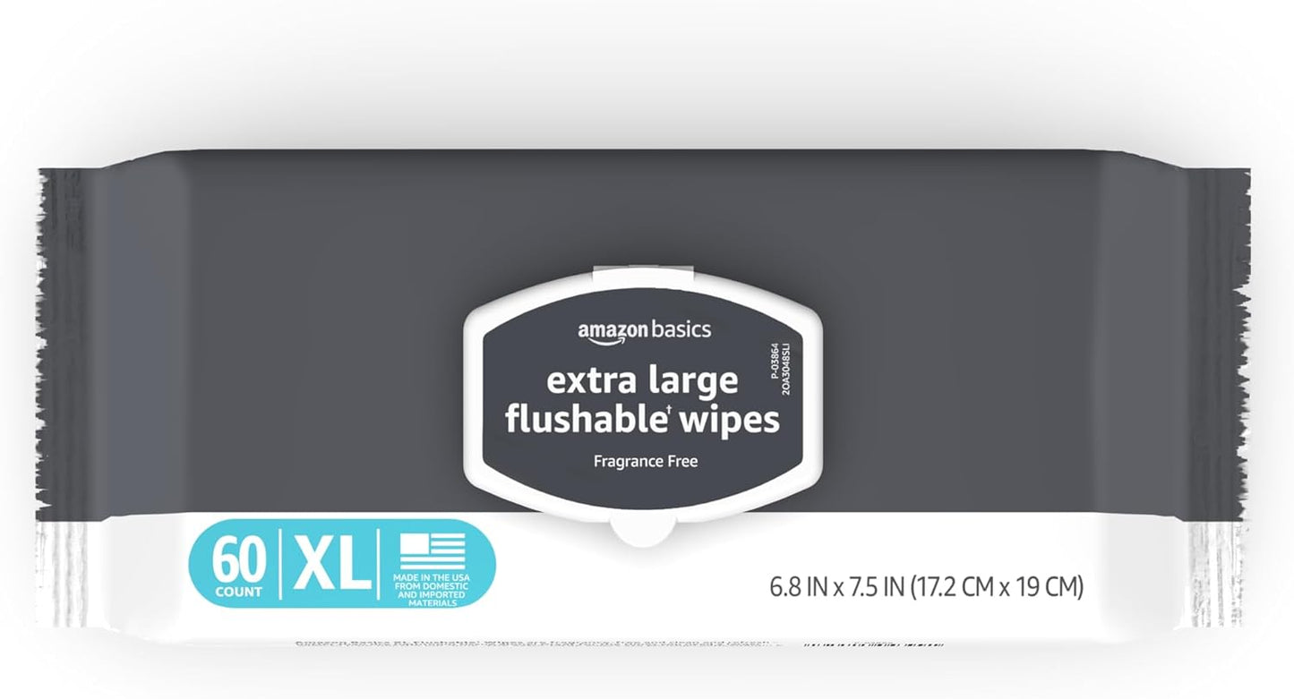 Amazon Basics Extra Large Flushable Wipes, Fragrance Free, pH Balanced, with Vitamin E & Aloe, Hypoallergenic, 360 Wipes, 6 Packs of 60, Resealable Closure