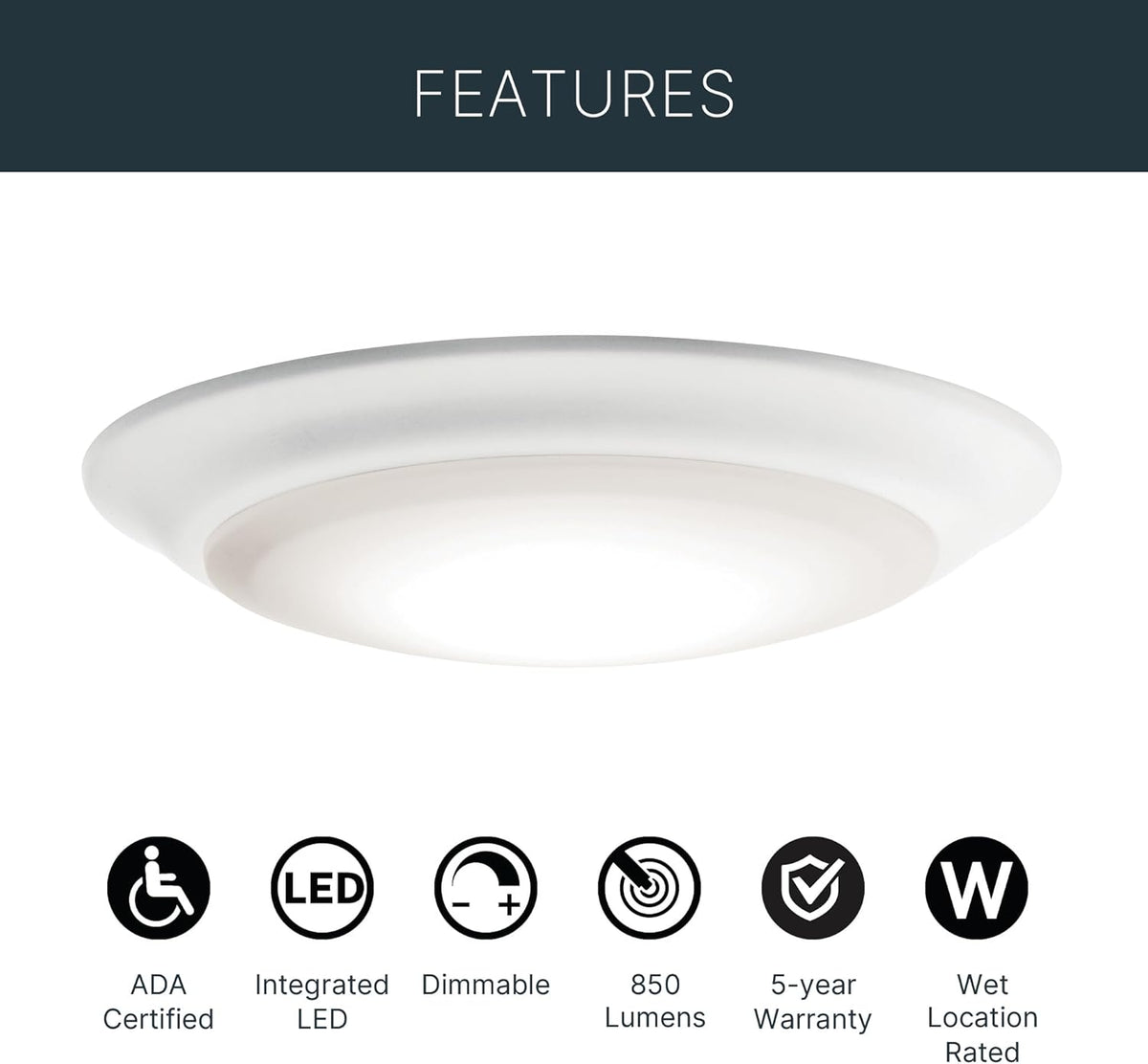 Kichler Gen 1 LED Downlight in White, 7.5” Ceiling Lights Flush Mount, Wet Rated Interior Dimmable Light for Living Room, Dining Room, Kitchen, Bathroom and Bedroom, 3000K, (7.5” x 1.5”), 43846WHLED30