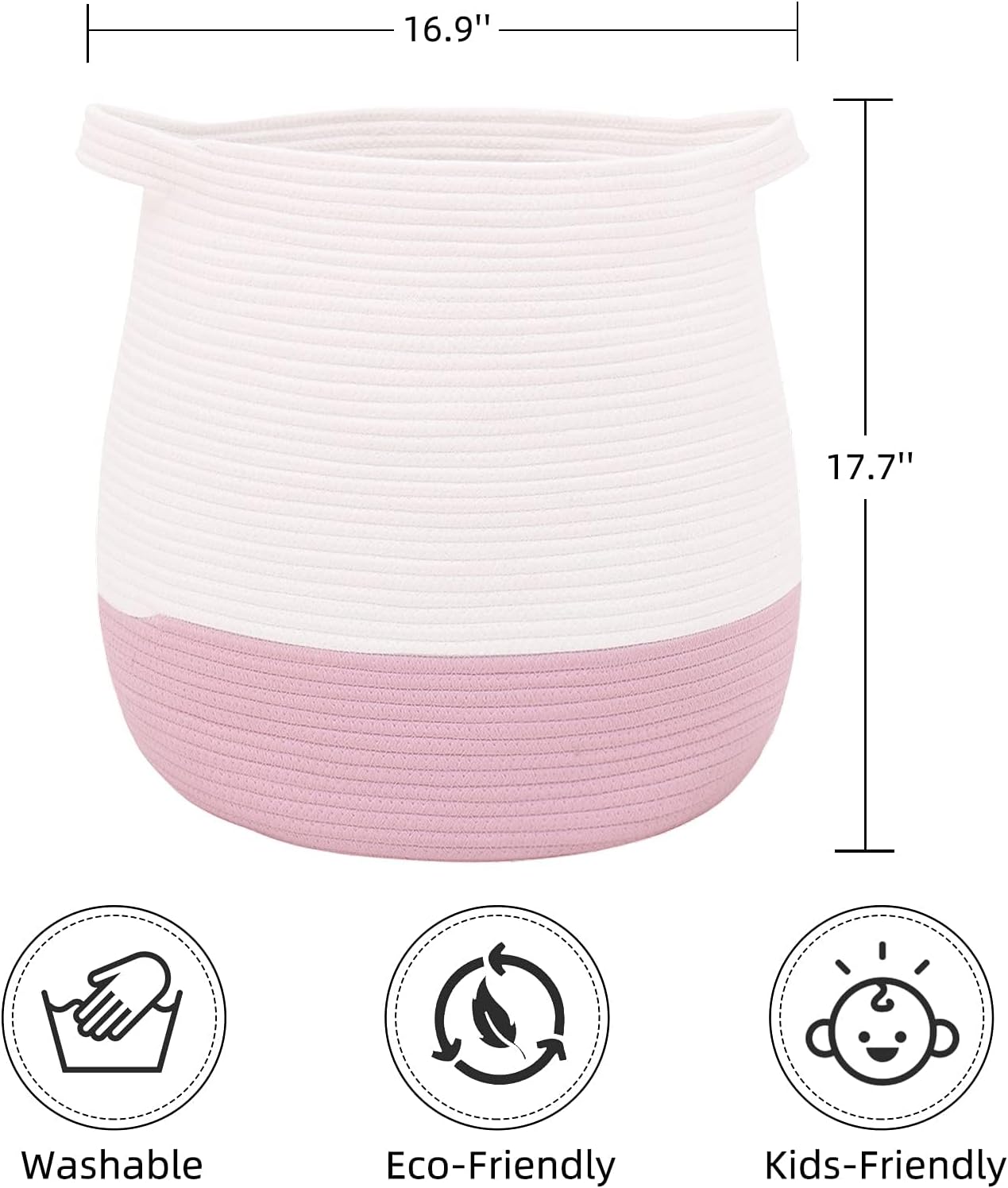 Large Cotton Rope Basket, Woven Storage Basket for Toy, Laundry and Blanket Organizer, Round Hamper Basket with Handles for Kid's Room 17.7"x16.9"