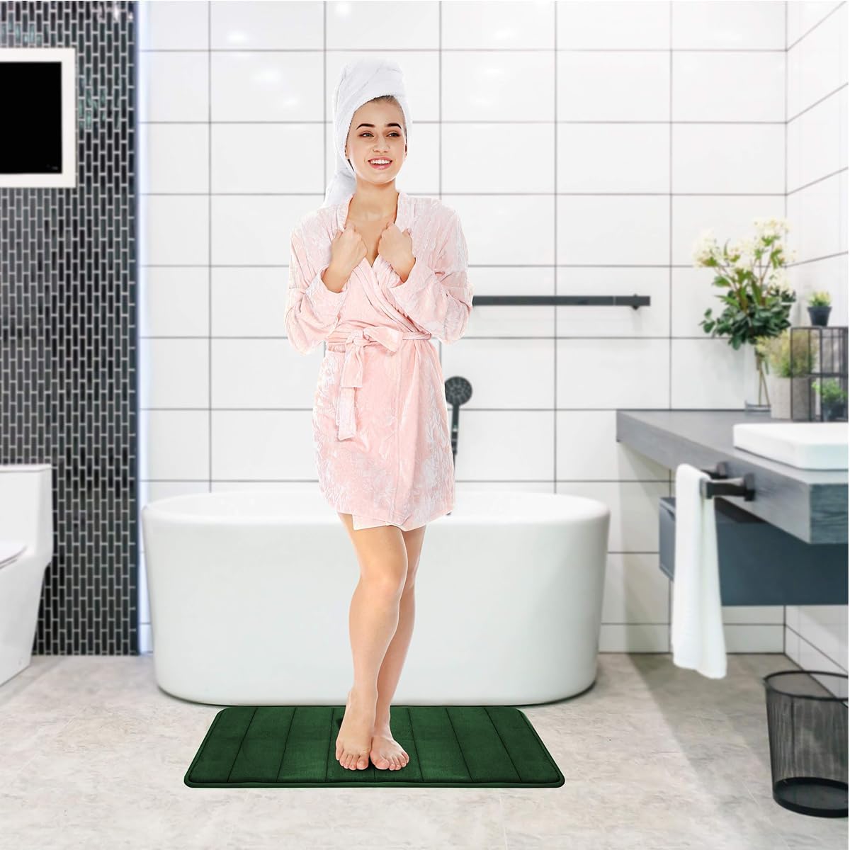 RUN HELIX Bath Mats for Bathroom Comfort Memory Foam Bath Rug Set 3 Piece Non-Slip Bathroom Mats,Absorbent Shaggy Rugs Super Soft U-Shaped Toilet Rug,Bathroo Carpets for Batoom,Tub,Shower,Dark Green