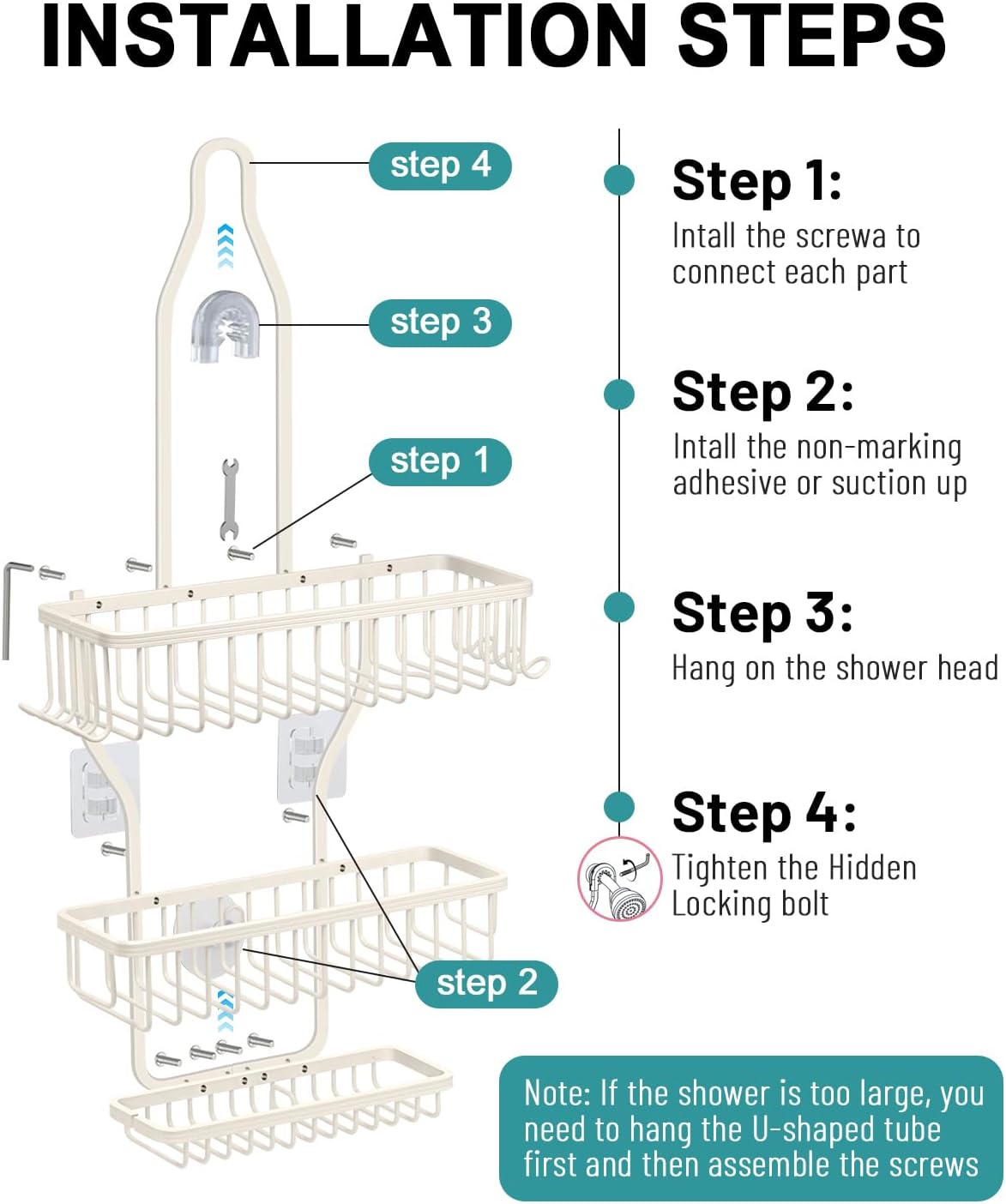 Shower Caddy Hanging - Never Rust Shower Hanging Organizer - Aluminum Over the ShowerHead Caddy with Soap Basket and 6 Hooks for Razor/Sponge (Milky White)