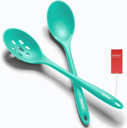 Vovoly Silicone Spoons for Cooking - Extra Large Solid & Slotted Set, Teal