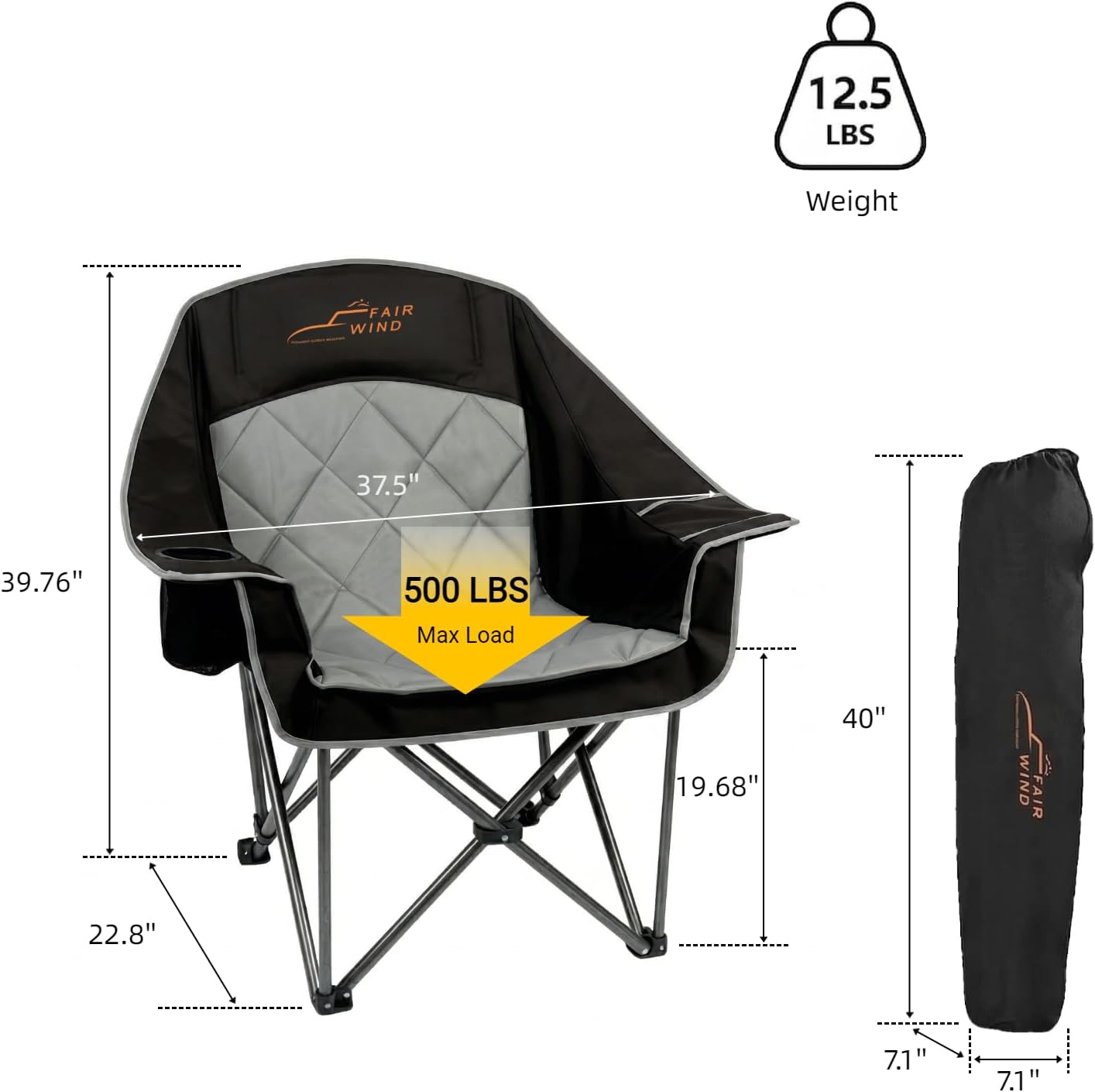 FAIR WIND 2 Pack Oversized Padded Camping Chair Heavy Duty Quad Fold Arm Chair Portable for Outdoor - Support 500LBS, Black