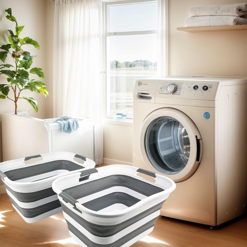 SAMMART 30L (8 gallons) Collapsible Plastic Laundry Washing Tub/Basket - Portable Laundry Hamper/Storage Container Foldable Laundry Basket - Space Saving (White/Steel Grey (Set of 2))