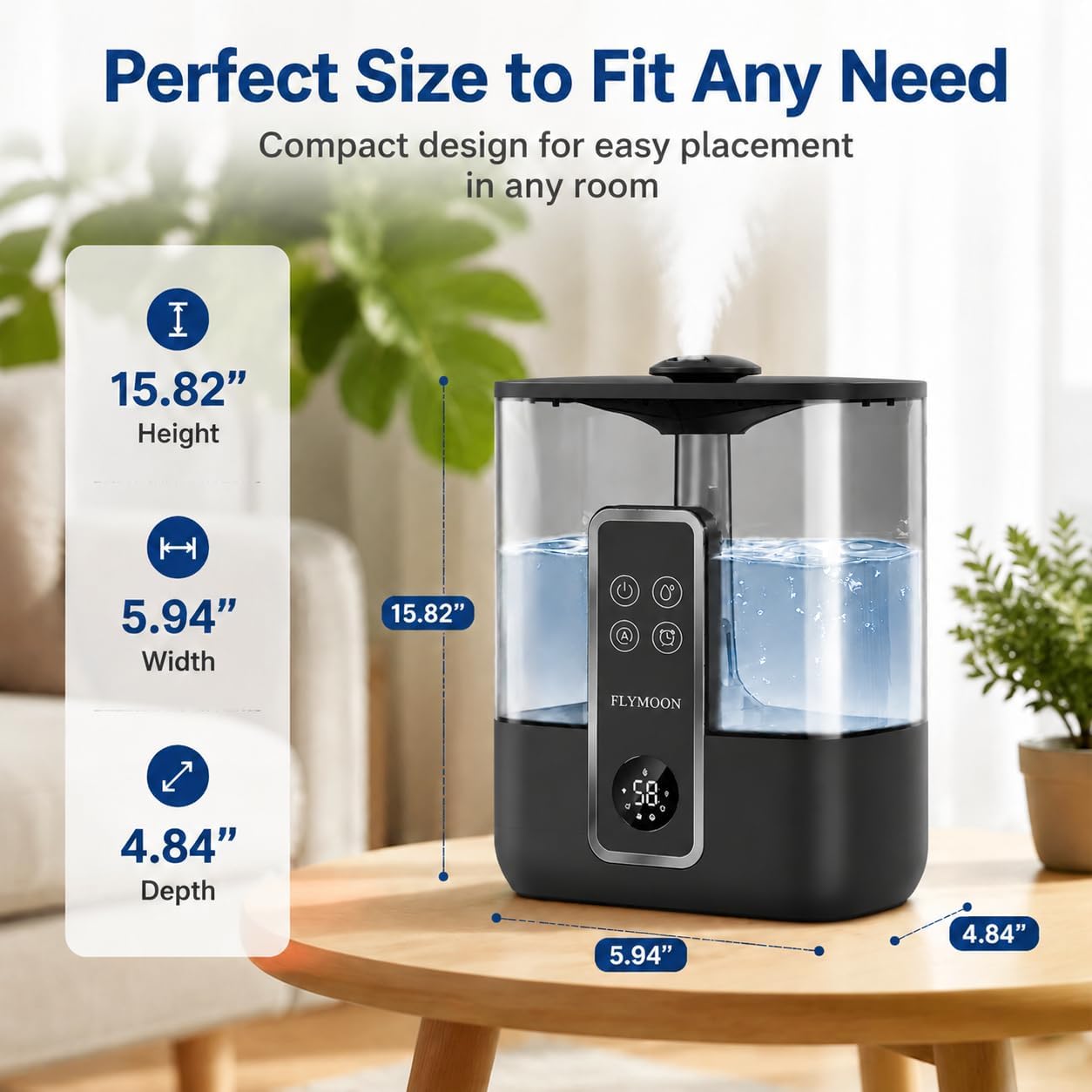 FLYMOON Humidifier for Bedroom, Top Fill 5L Cool Mist Humidifiers with 28dB, Smart Humidifier for Large Room, Plants, Auto-Off, 12H Timer, 50 Hour Runtime,Tuya App Control, Black