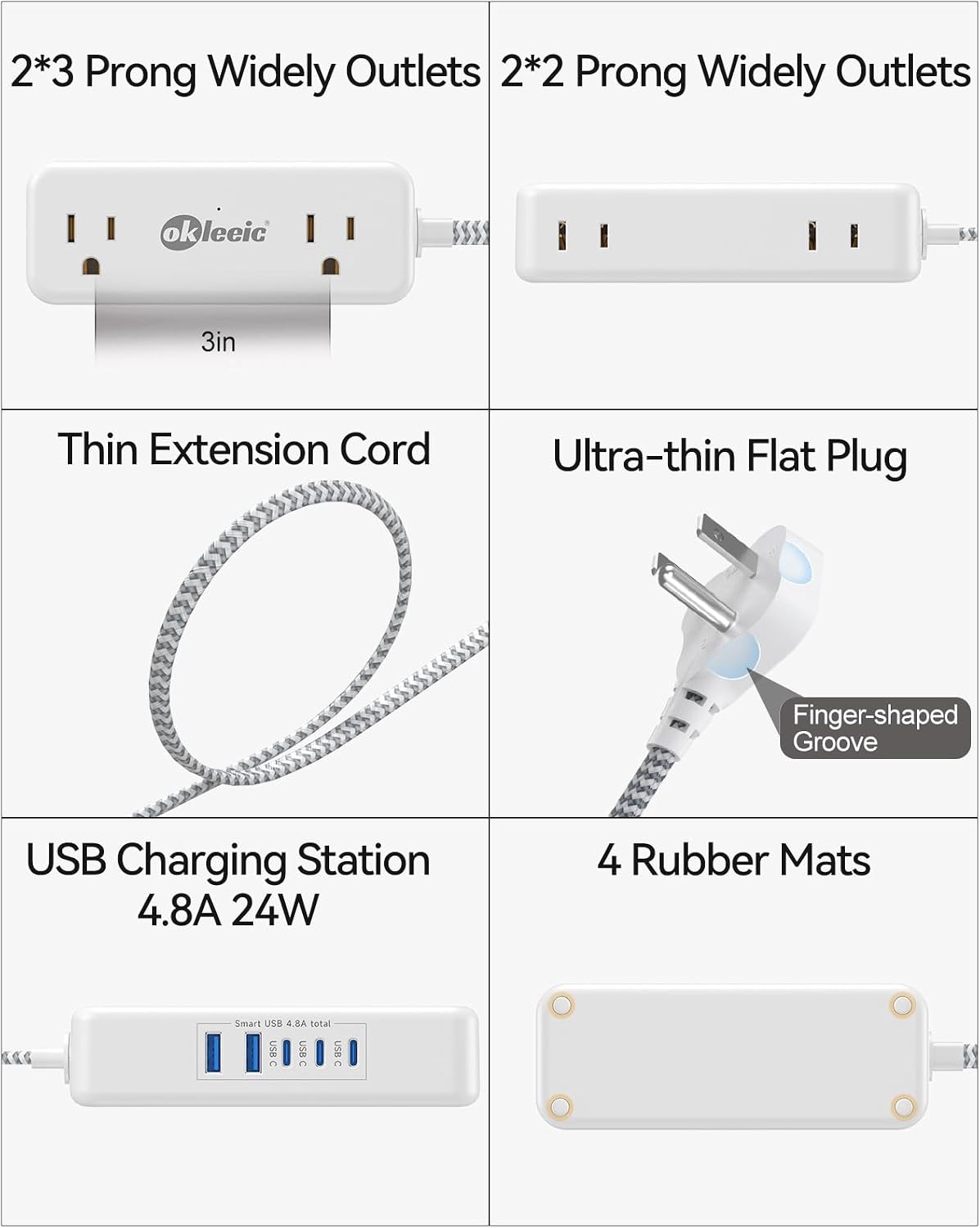 Power Strip with USB C, Small Extension Cord with 4 Outlets & 2 USB-A and 3 USB-C Ports 4.8A/24W Charging Station, 3 Ft 2 Sides Outlet Extender Non Surge Protector for Cruise Ship Travel Office Dorm