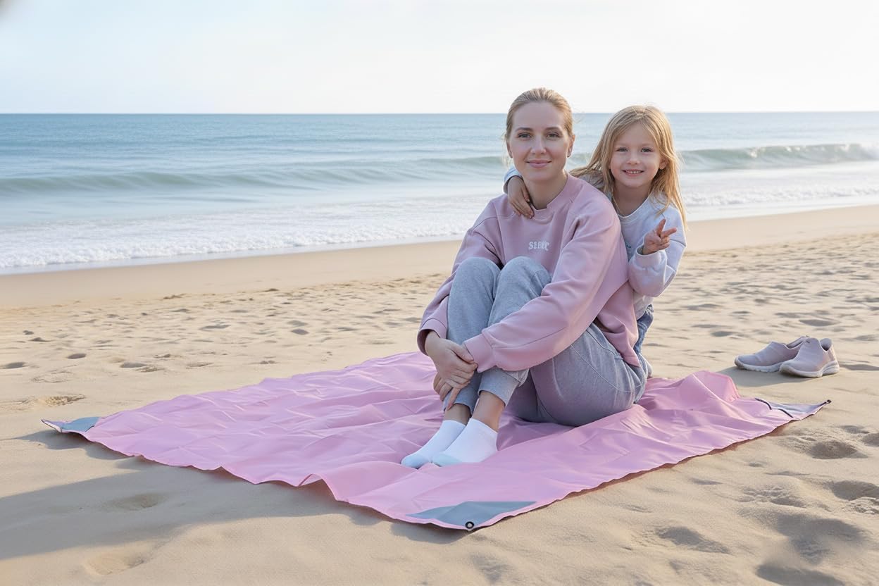 Orga'Neat Pocket Picnic Blanket, Beach Mat Waterproof Sandproof, Compact Lightweight Small Tarp for Camping, Hiking, Backpacking, Festival, Travel, Foldable in Bags (Pink/Grey, 55"x60")