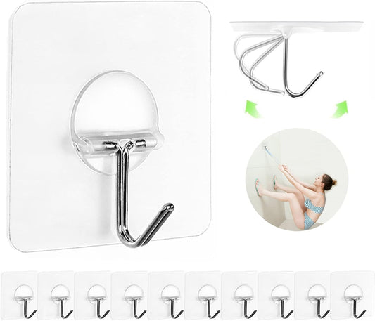 JINSHUNFA Adhesive Wall Hooks 13LB Heavy Duty No Drill Transparent Waterproof Hooks for Bathroom Kitchen Towel Coat 12 Pack