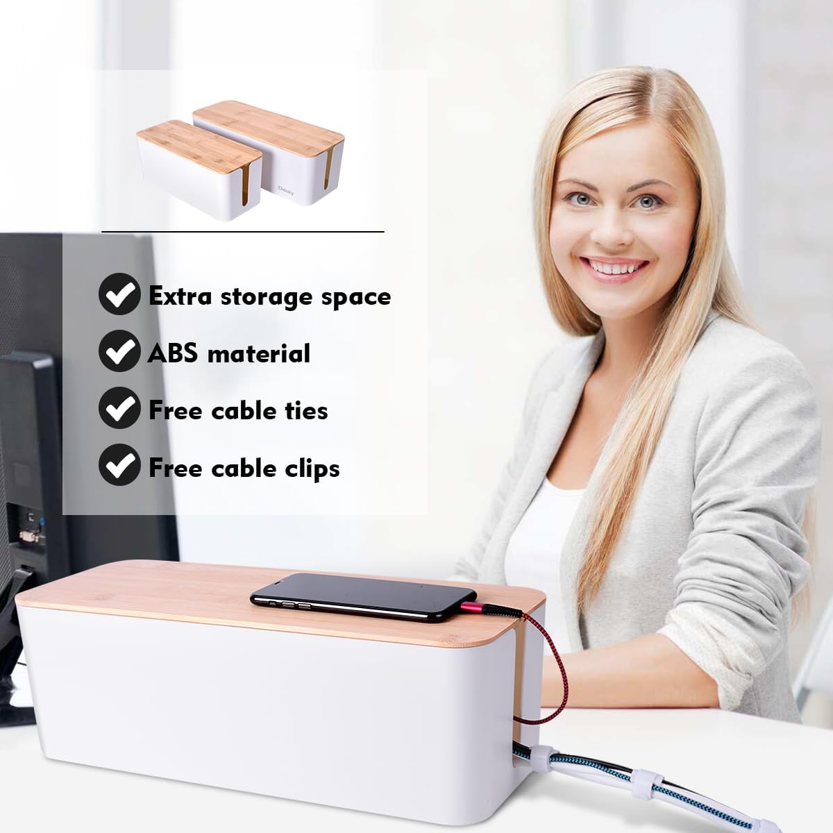 2Pack Cable Management Box,Wooden Style Cord Organizer Cord Hide Box
