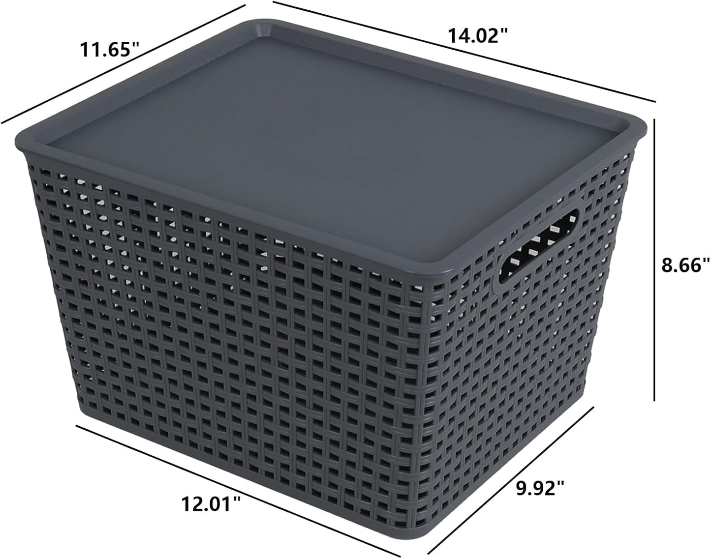 Anbers 6 Pack Plastic Weave Storage Basket with Lid, Dark Grey