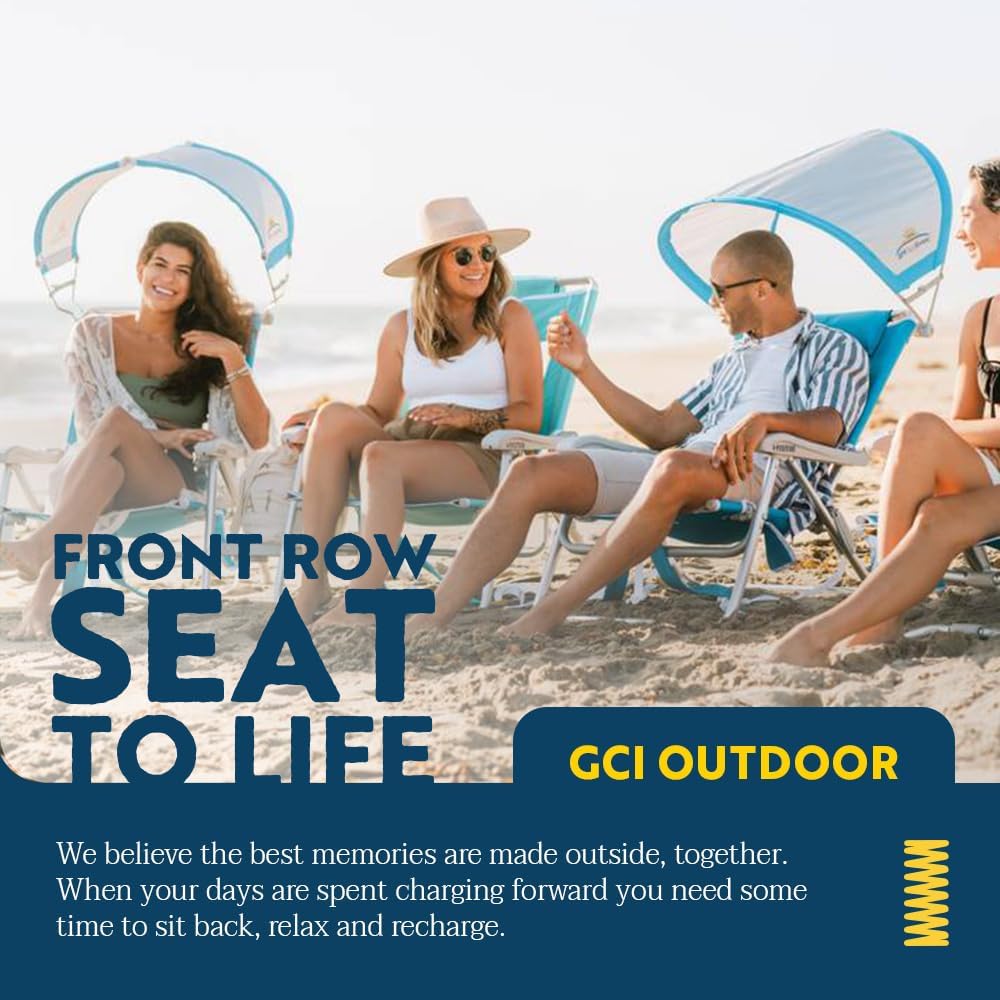 GCI Outdoor Sunshade Backpack Beach Chair | Reclining Folding Canopy Chair with Durable Armrests, Drink Holder & Carry Straps, Perfect for Beach Trips & Picnics — Saybrook Blue