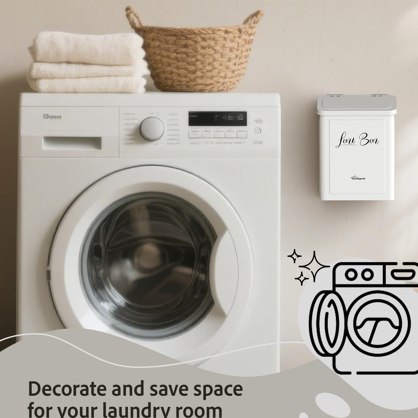 Sealegend Magnetic Lint Bin for Laundry Room with Dryer Lint Brush, Wall Mounted Metal Trash Can with Lid for Dryer, Space-Saving Laundry Organization and Storage, White