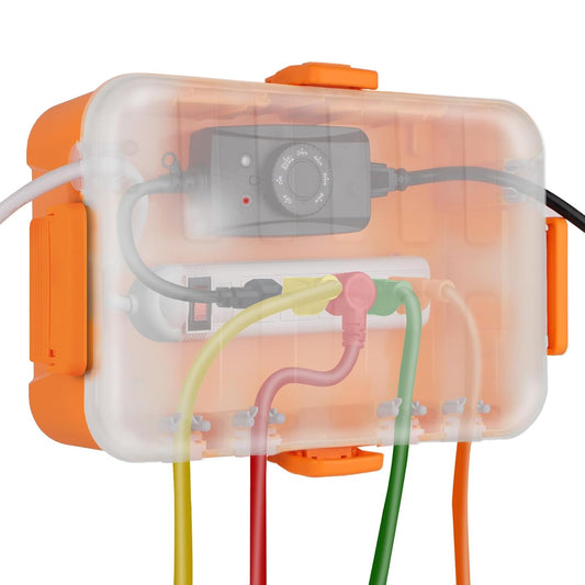 Flemoon Large Outdoor Electrical Box, Waterproof Extension Cord Cover | 6 Cable Entry Ports, IP54 Weatherproof Connection Box with Clear Lid for Photocell Light Sensor Timer, Outlet, Socket, Orange