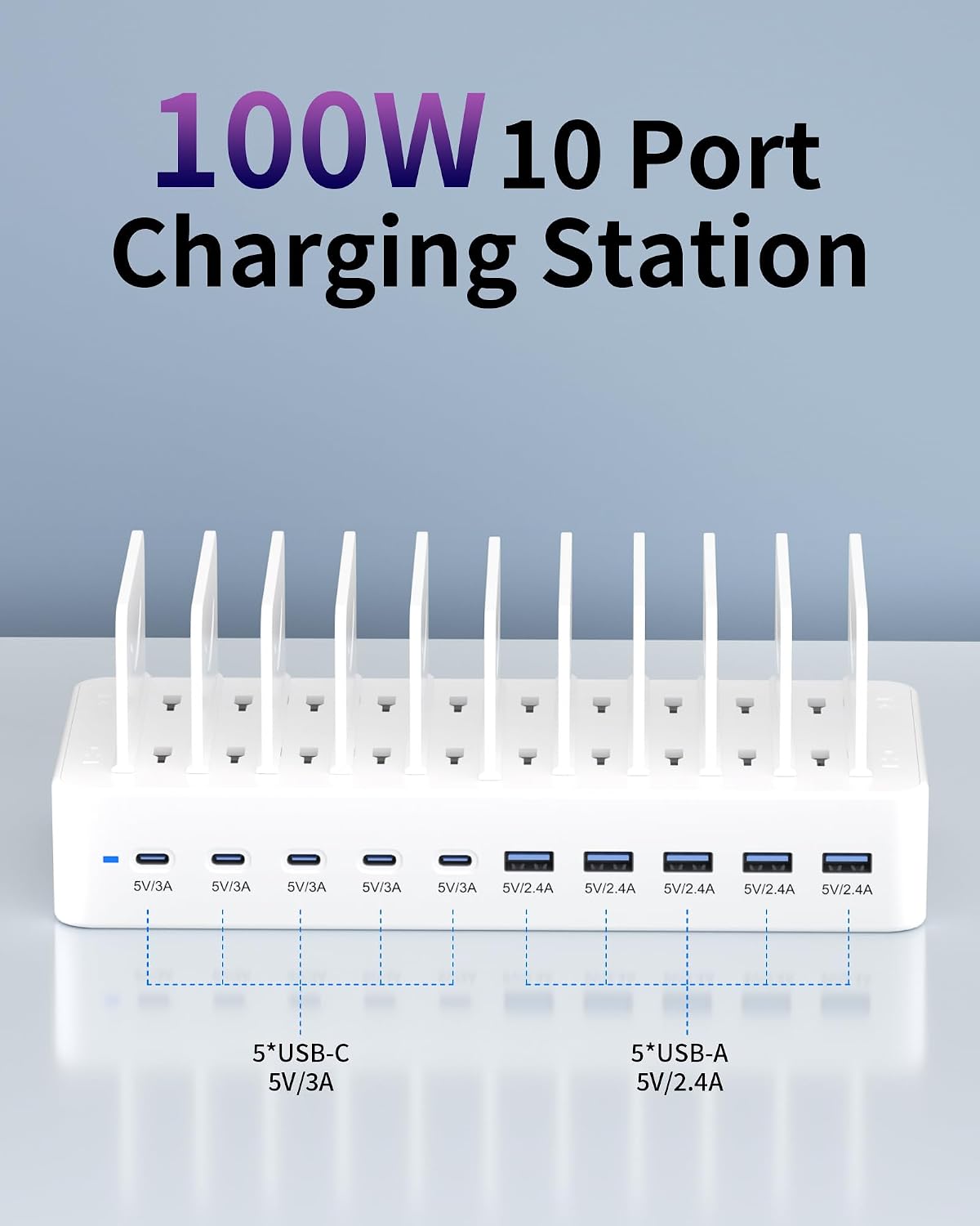 100W Charging Station for Multiple Devices, 10-Port USB Fast Charger, White | with Adjustable Dividers & 10 Cables- Multi Device Organizer Charging Dock for iPhone, iPad, Tablets & More
