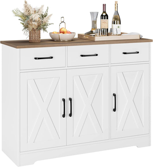 HOSTACK Kitchen Buffet Cabinet with Storage, Sideboard Coffee Bar, White | Farmhouse Kitchen Storage Cabinet with 3 Drawers & Adjustable Shelf, 42.5"W Buffet Table for Dining Living Room