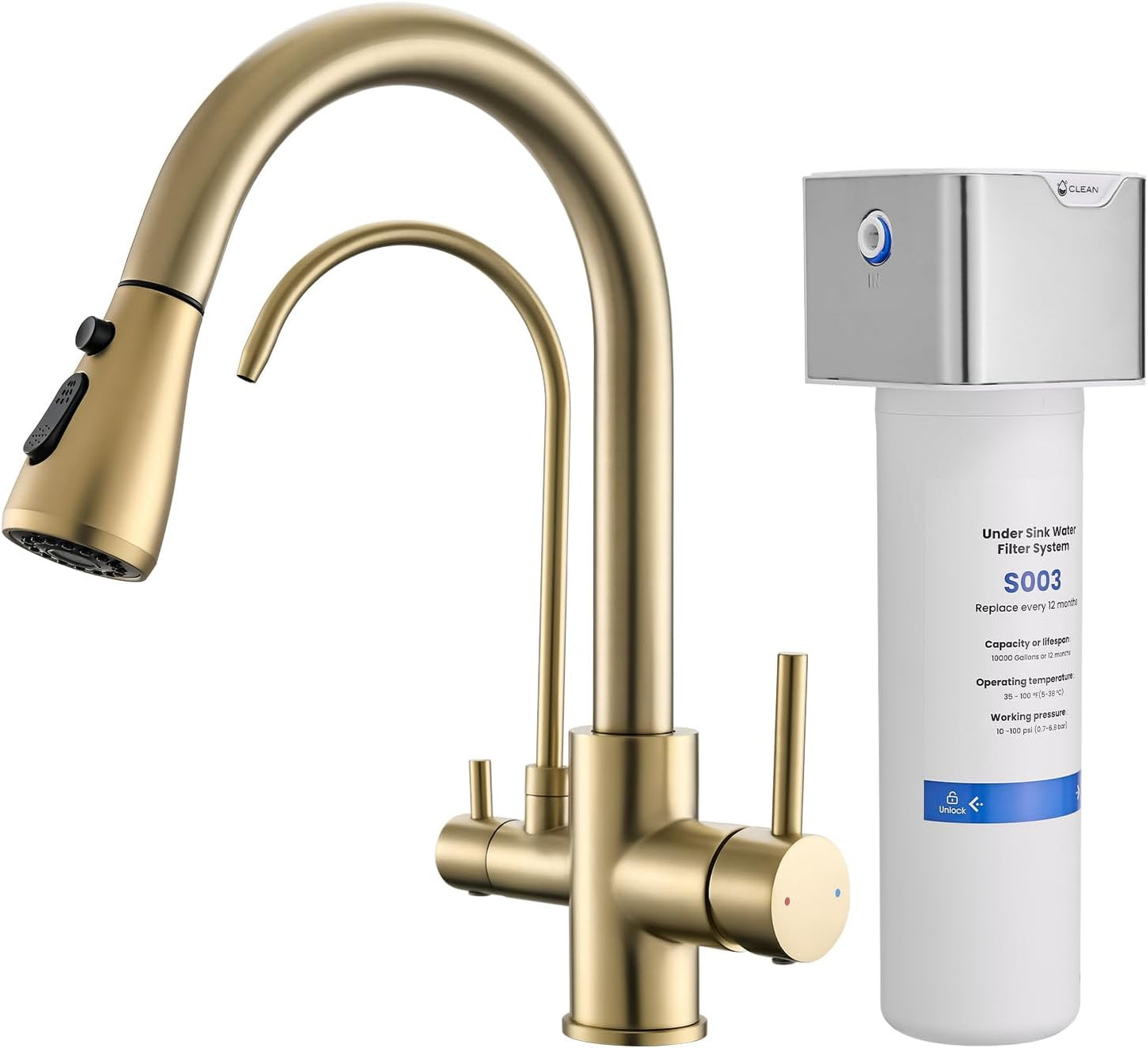 GIMILI 3 in 1 Gold Kitchen Faucet with Under Sink Water Filter System, Reduces Lead, Chlorine, Bad Taste & Odor, Kitchen Sink Faucet with Drinking Water Faucet