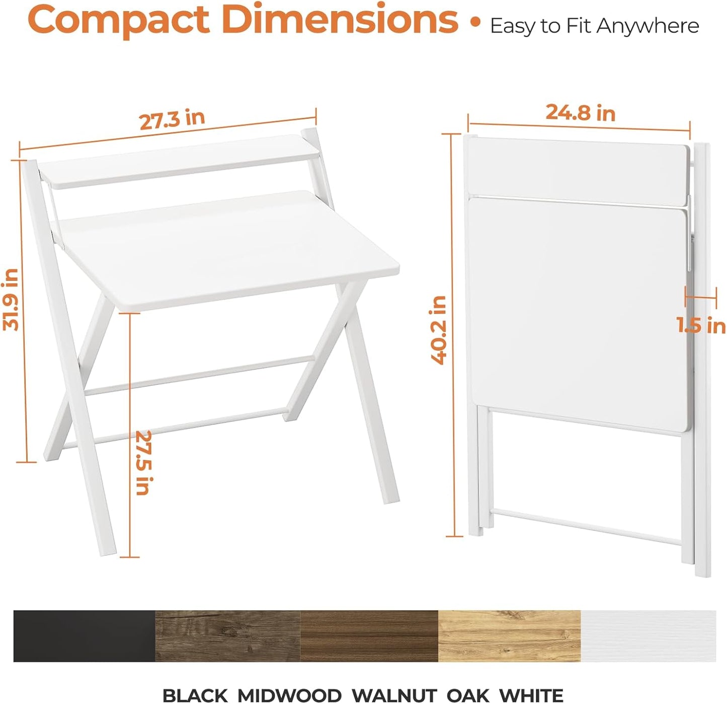 GreenForest No Assembly Folding Desk, 2-Tier Compact Computer Desk with Shelf, Space Saving Foldable Table for Home Office, Dorm or Apartment, Portable Collapsible Sturdy Laptop Desk, White