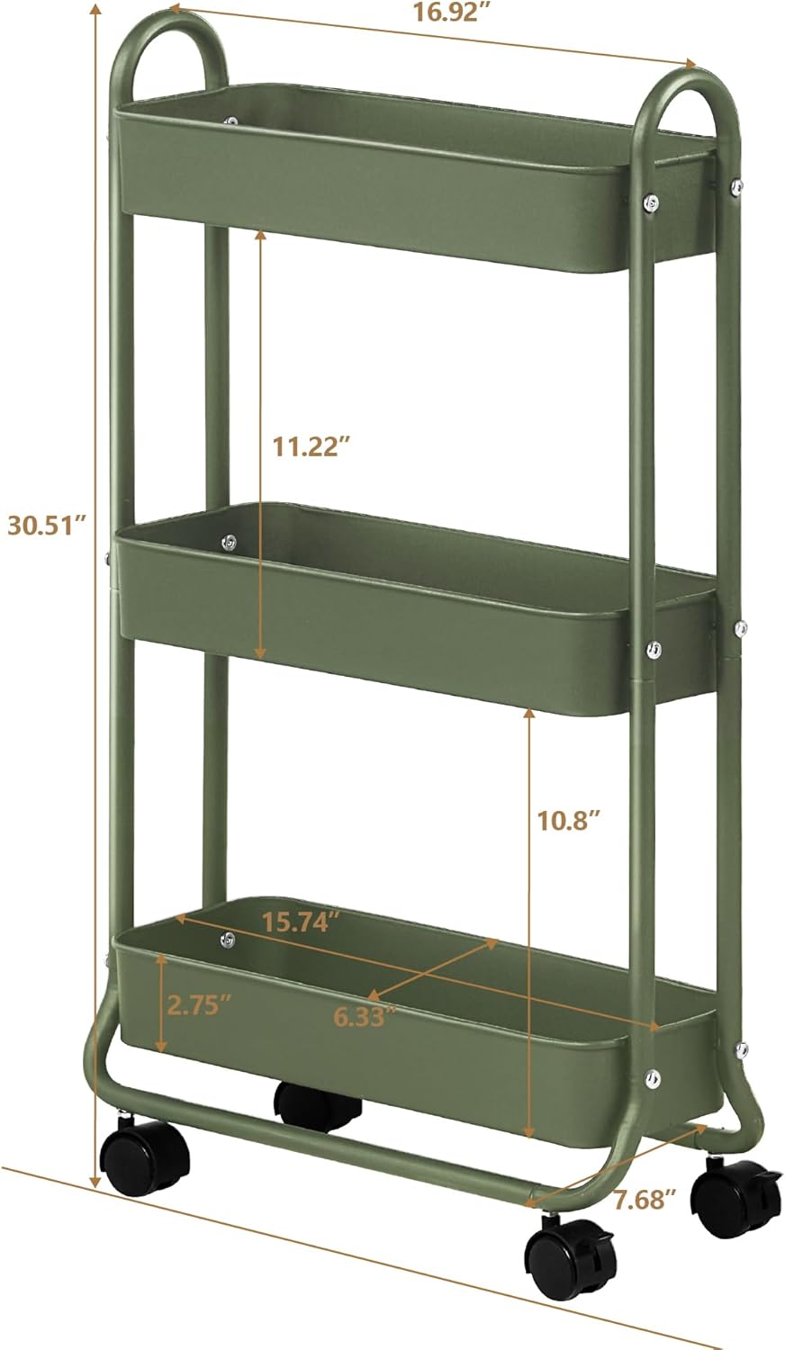 SunnyPoint Slim Rolling Storage Cart, 3 Tier Bathroom Storage Organizer Bathroom, Laundry Utility Cart (Army)