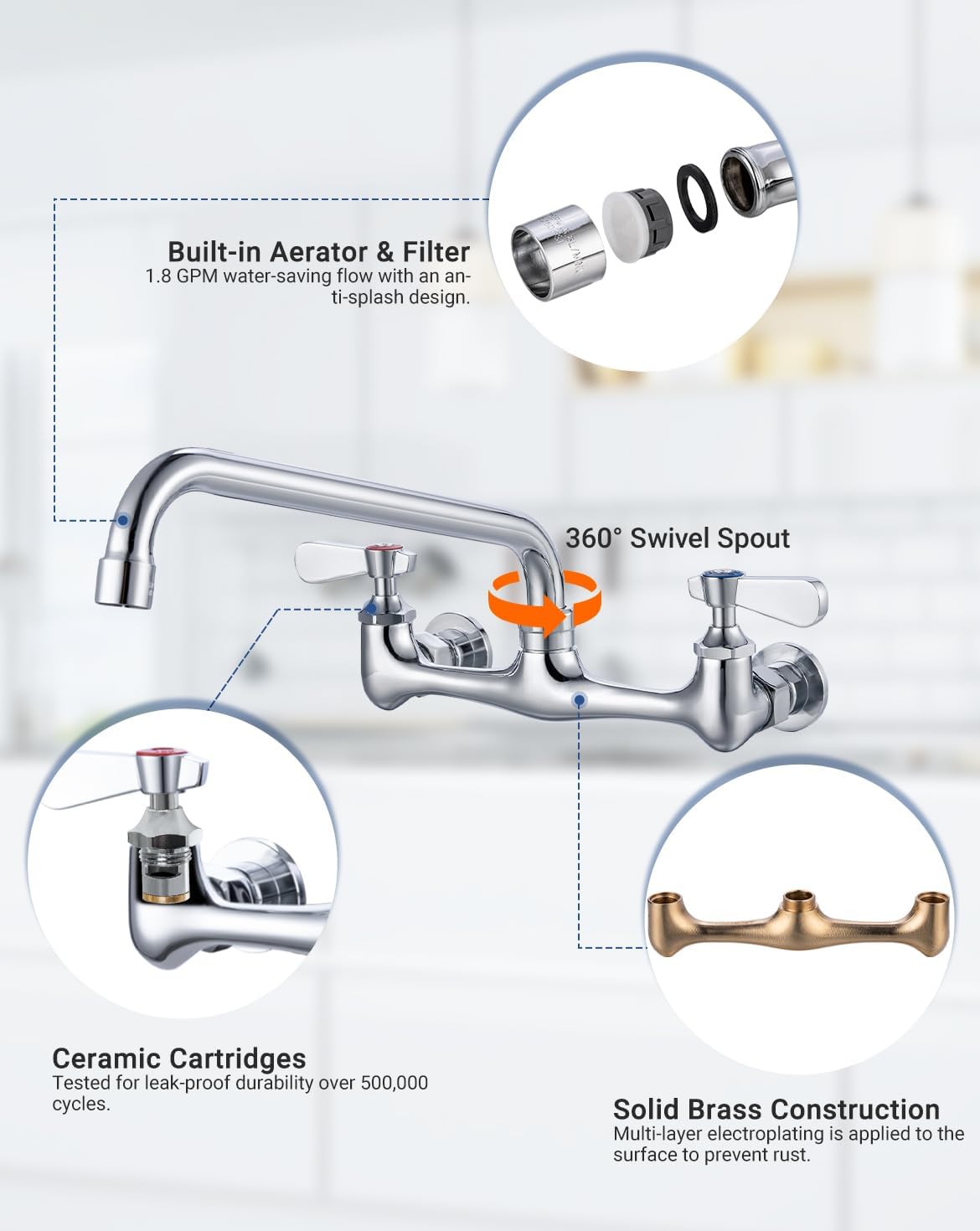 8 Inch Center Wall Mount Commercial Sink Faucet - 8" Swivel Spout Utility Faucet, Dual Handle Chrome Brass for Restaurant/Laundry/Utility Room Kitchen Sinks