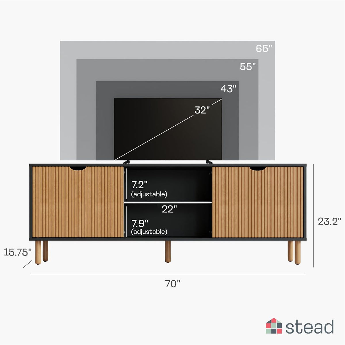 Stead Modern Fluted TV Stand & Media Console - 70-Inch, Fluted Black & Oak - Entertainment Center for 32-80-Inch Screens with Soft-Close Doors & Cord Management