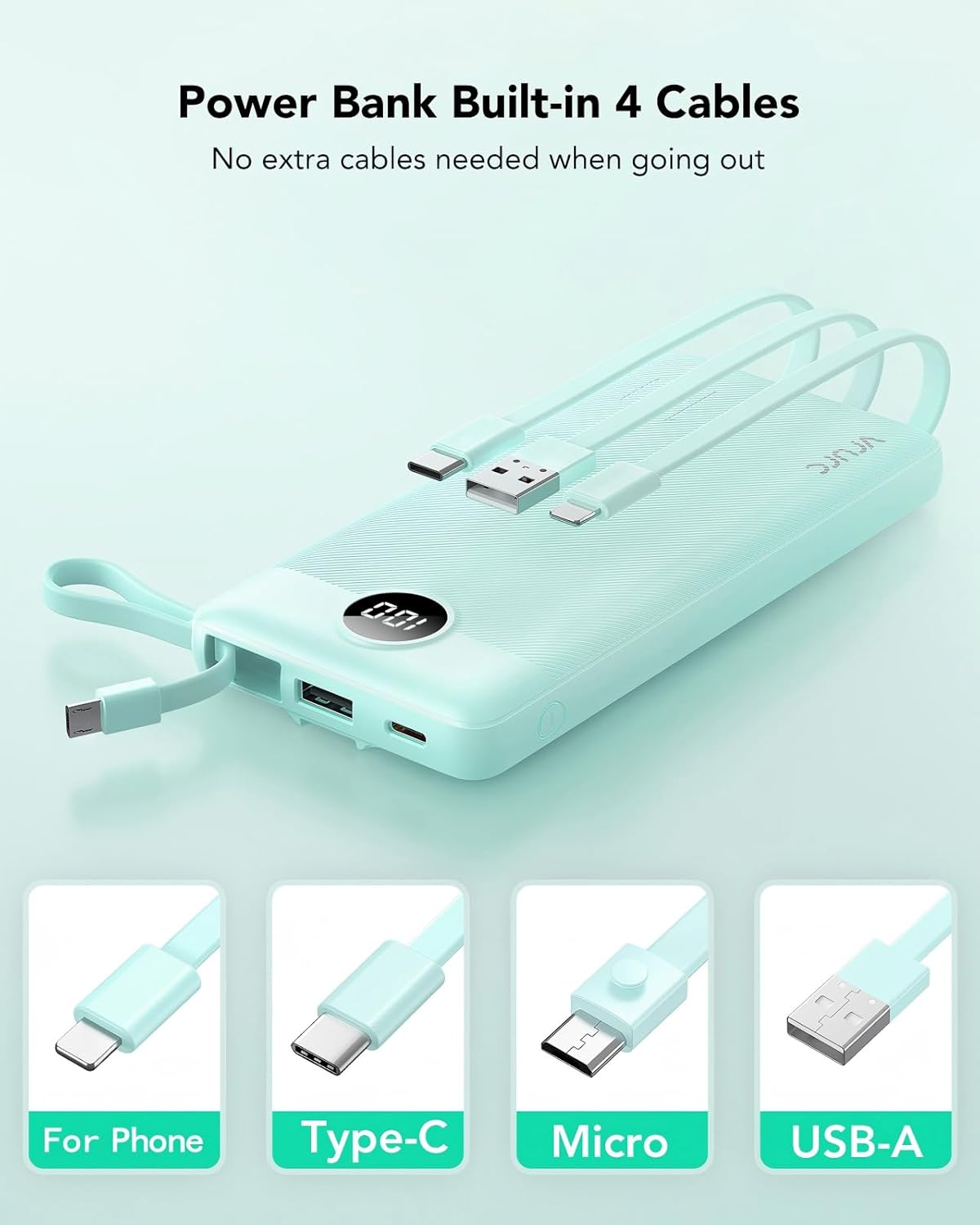 VRURC Portable Phone Charger for iPhone, 10000mAh Power Bank Built in Cables & Lanyard, Slim USB C Battery Bank 5 Outputs for Multi Devices,Travel Essential for College Students Teen Boys Girls-Green