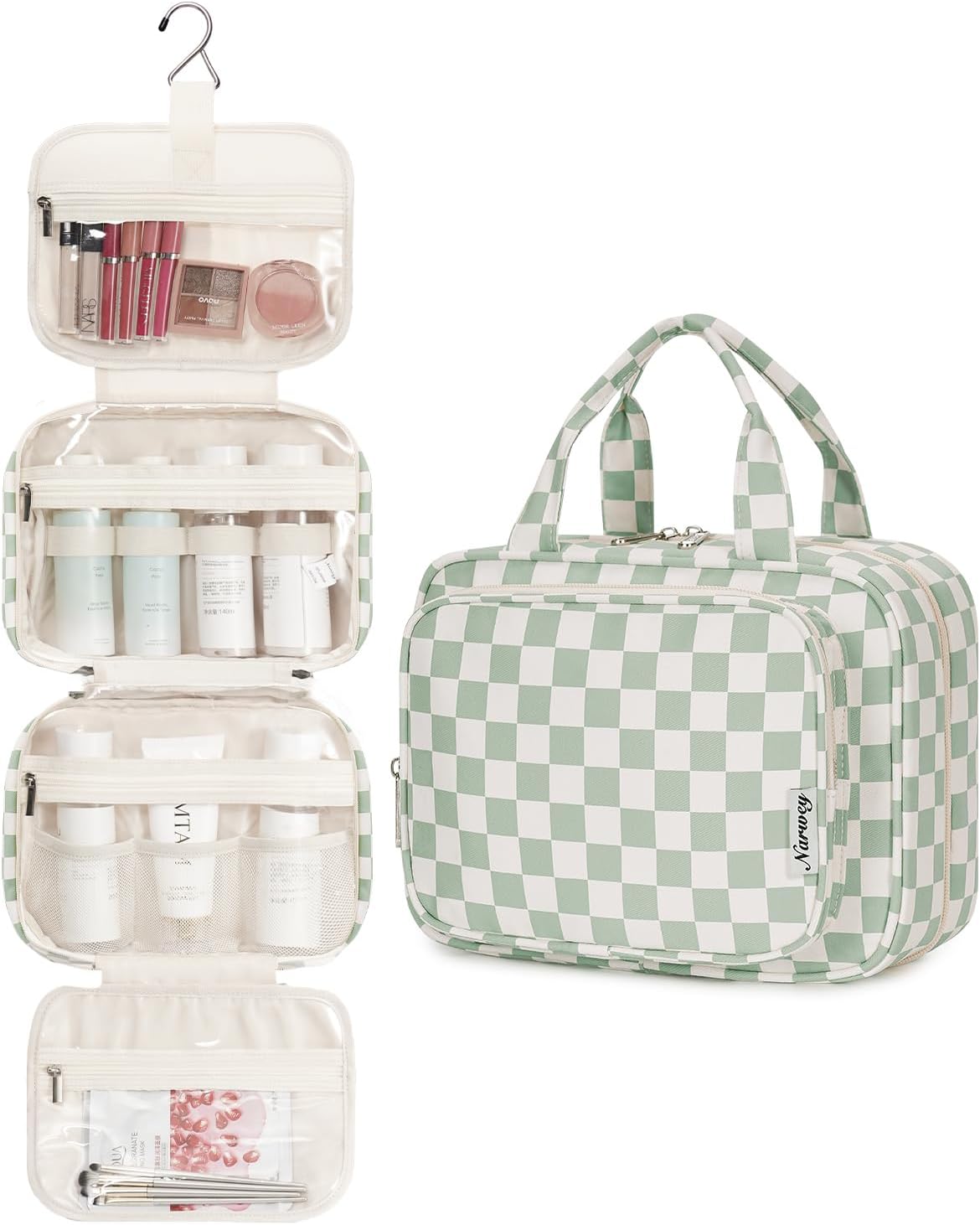 Narwey Hanging Toiletry Bag for Women Travel Checkered Makeup Bag Organizer Toiletries Bag for Travel Size Essentials, Accessories, Brushes, Cosmetics (Green Checkerboard (Medium))
