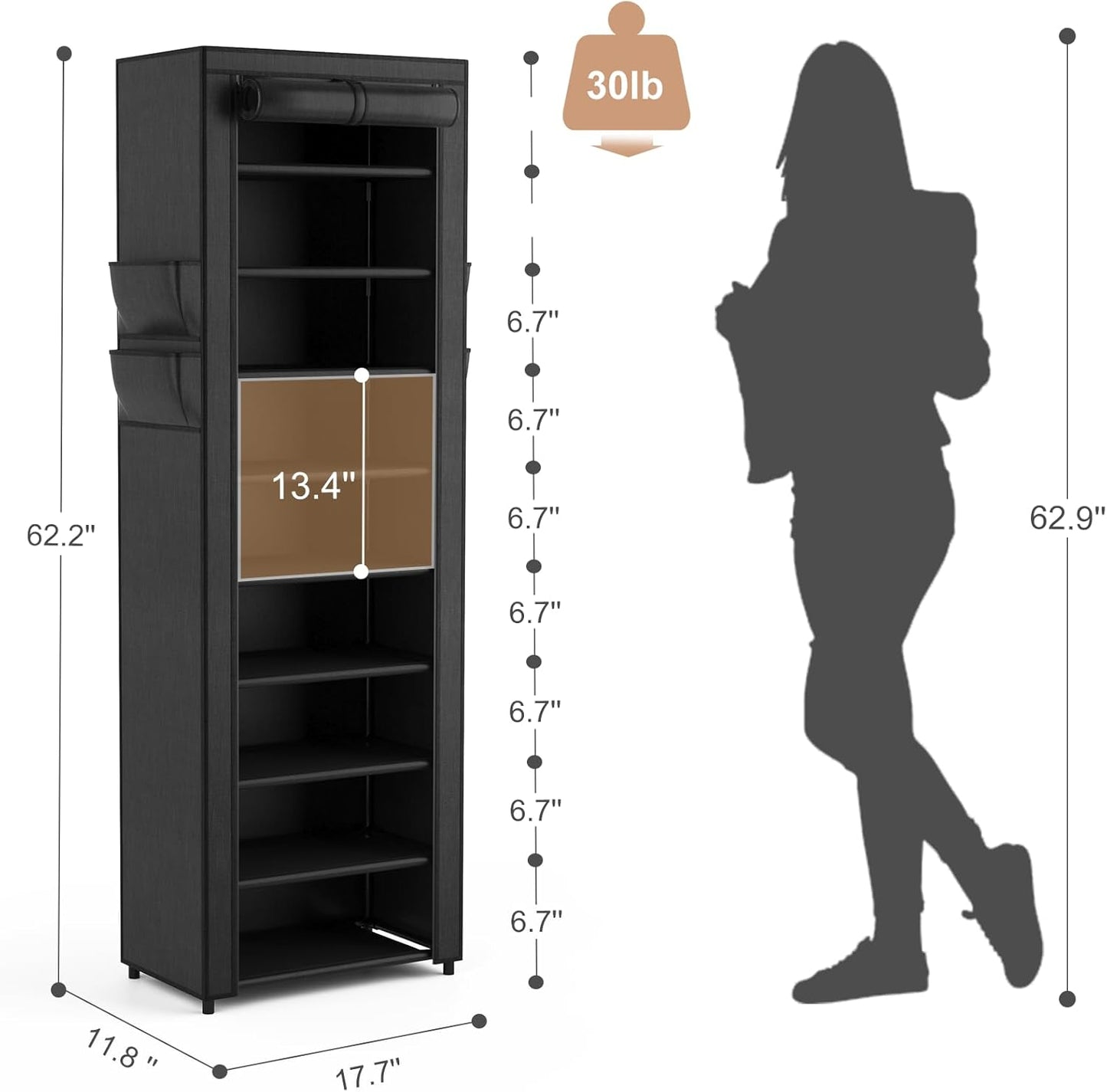 VILICK Shoe Rack with Cover Narrow Shoe Organizer with 4 Side Pockets 10 Tier Tall Shoe Storage Holds 18-22 Pairs Shoes and Boots Shoe Rack for Closet Entryway Garage
