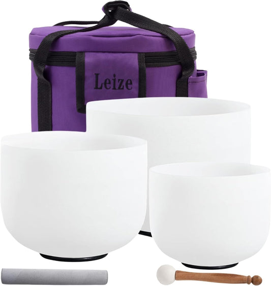 Leize Crystal Singing Bowl Tuned Quartz with Suede Striker Carry Case Bag, Set of 3 PCS 432HZ 6" A 8" F 10" C, Frosted White