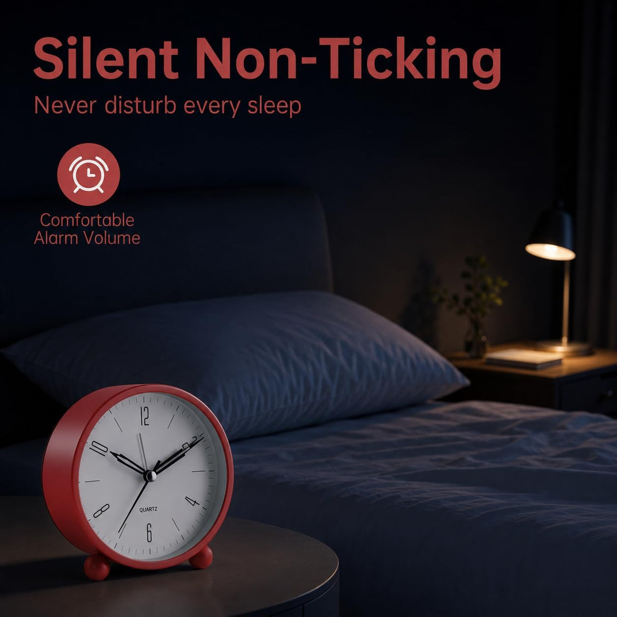 Analog Alarm Clock, 4 inch Super Silent Non Ticking Small Clock with Night Light, Battery Operated, Simple Design, Old Fashioned Style Wine-red Decor, for Bedroom, Bedside, Desk, Adult, Gift, Red