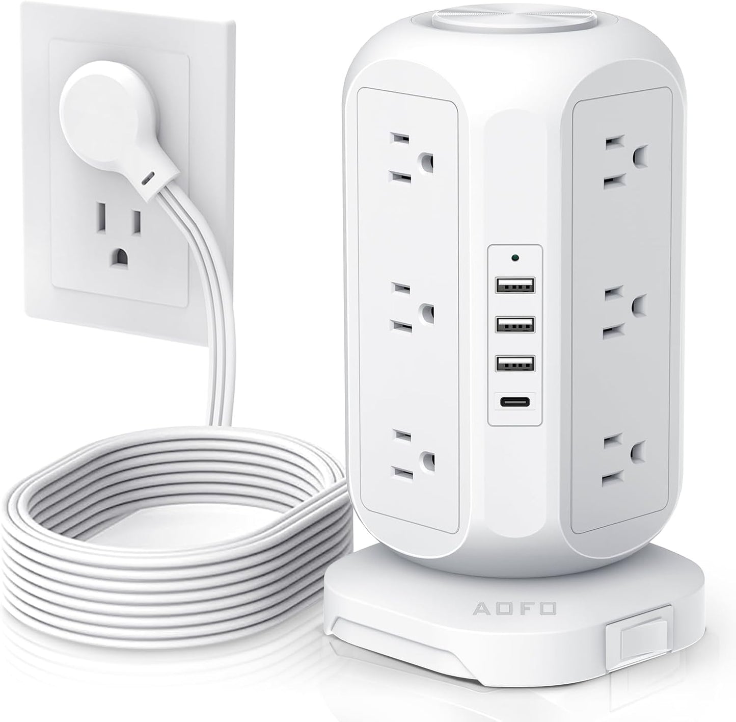 Tower Power Strip Flat Plug with 12 Outlets 4 USB(1 USB C),AOFO Power Strip Charging Station with Overload Protection, Widely Spaced Multiple Outlets 10Ft Extension Cord for Home, Dorm,Office