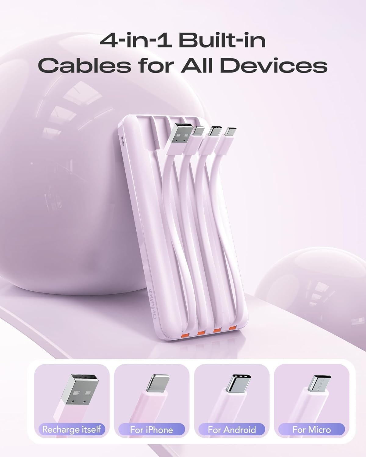 Orfeika 20000mAh Power Bank, Portable Charger with 4 Built-in Cables