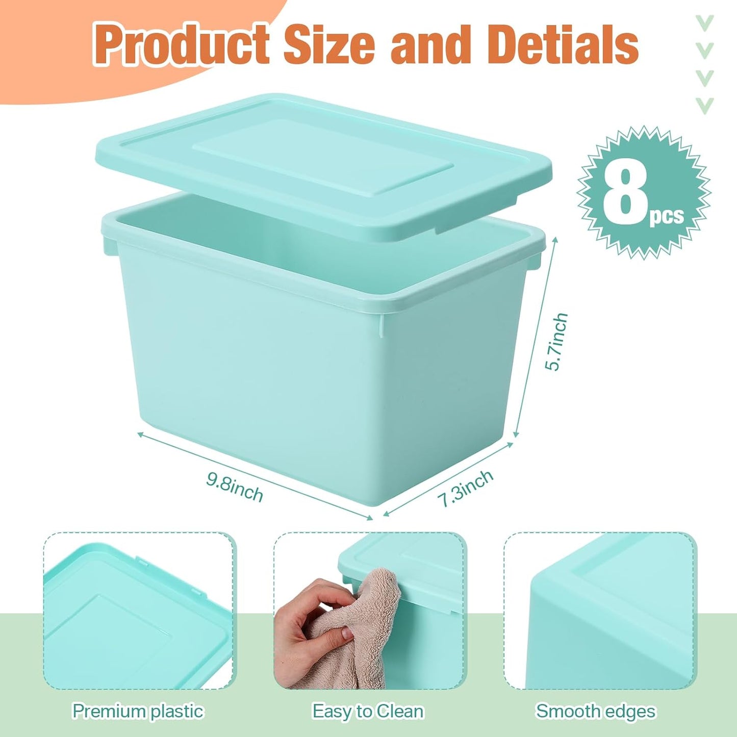 Potchen 8 Pack Small Stackable Storage Bins with Lids Plastic Storage Boxes for Classroom 9.8" ×7.3" ×5.7" Decorative Organizer Bins for Craft Art Office Teacher Supplies (Mixed Color)