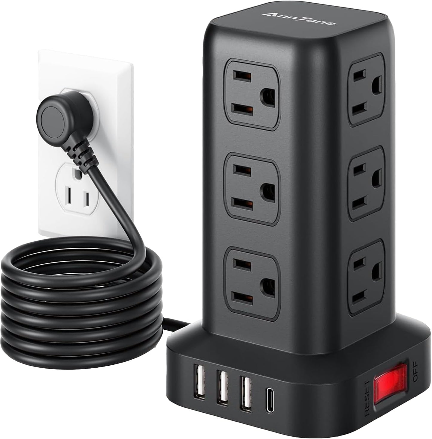 AnnTane Power Strip 6.5 FT Cord, Power Strip Tower with 4 USB Ports (1USB C), Extension Cord with 12 AC Multiple Outlets, Home Office Supplies Desk Accessories, Dorm Room Essentials