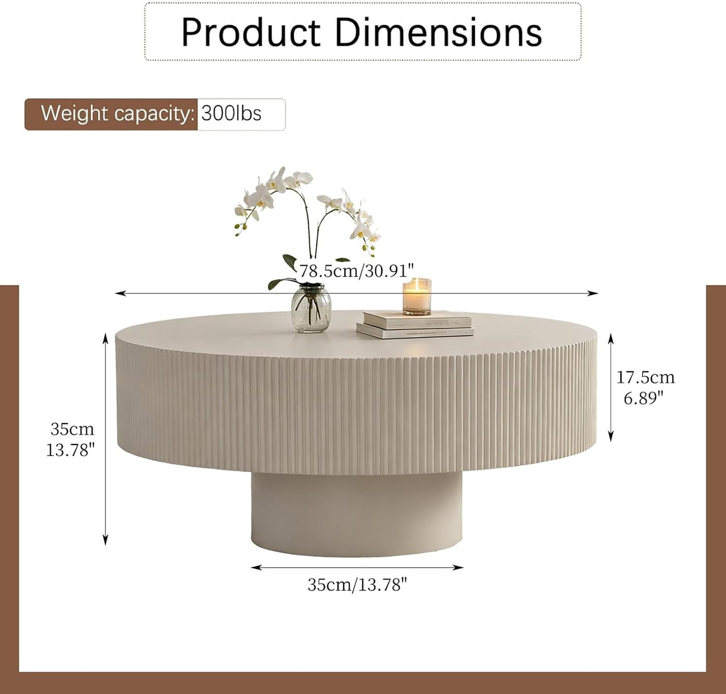 30.91" Round Drum Coffee Table,White Thickened | Modern Handcraft Fluted Accent Table, Sturdy Pedestal Circle, Luxury Center Table, For Living Room Home Office