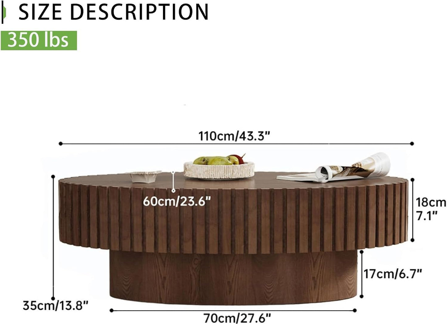 Handmade Wood Oval Coffee Table (Walnut 43.3 in) | Contemporary Style for Living Room, Pedestal Design & Easy Assembly