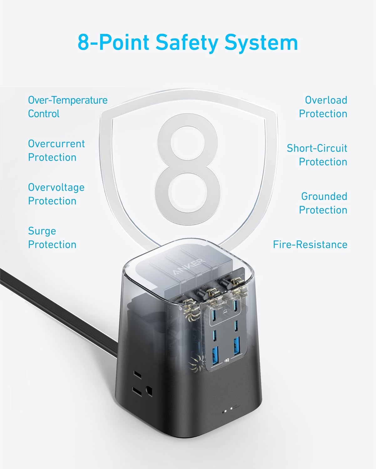 Anker Desktop Charger, 9-in-1 Power Strip with 300J Surge Protector, 5ft Flat Plug Extension Cord with Multiple Devices, 100W USB C Charger with 3 AC, 2 USB A, 4 USB C, Home Office, Desk Accessories